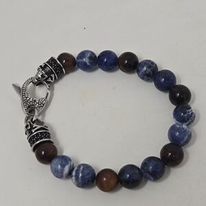 BLACKJACK Beaded Stone Tiger Eye Sodalite Men's Bracelet Stainless Steel Skull